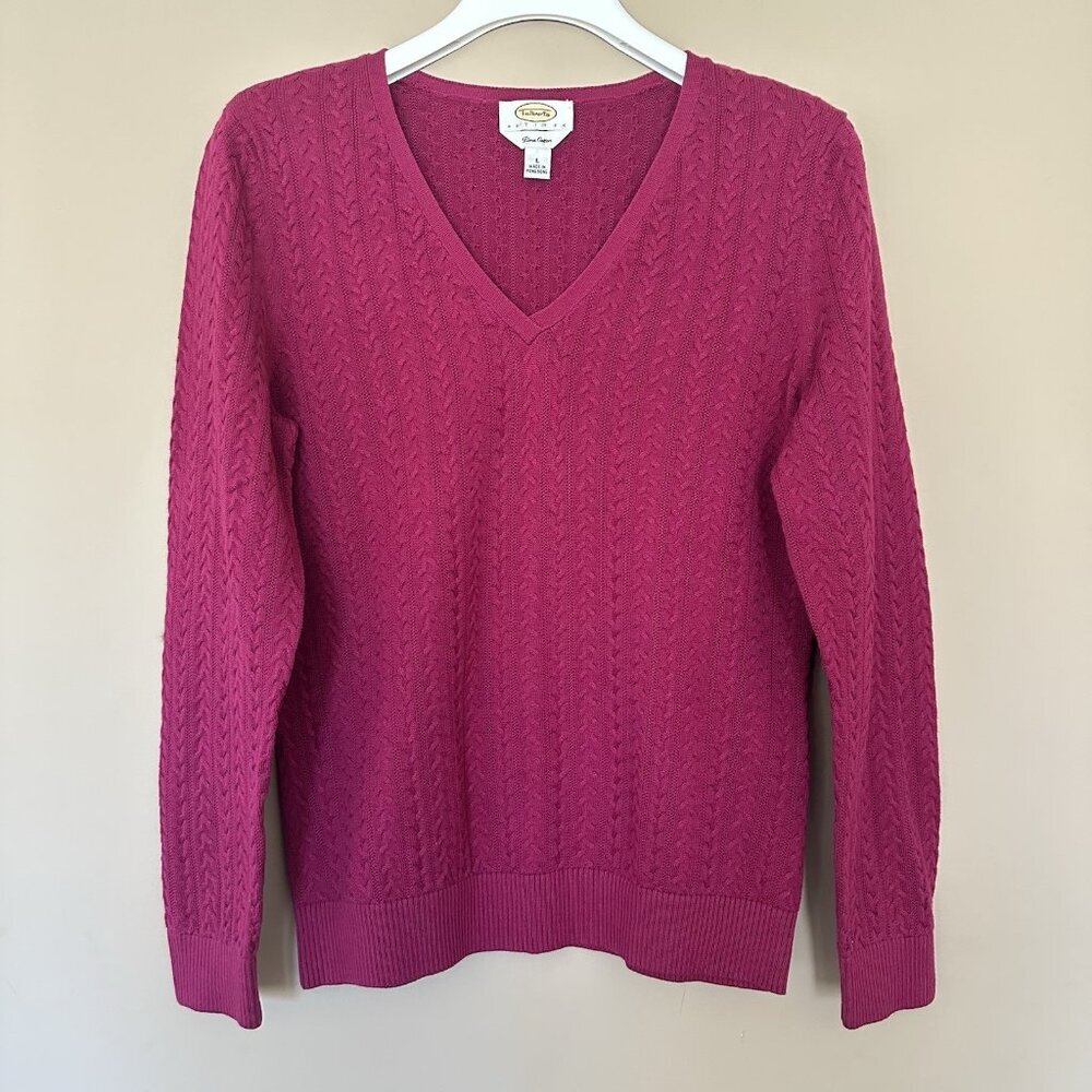 Vintage Talbots 100% Pima Cotton Women Petite PL V-neck Sweater Cable Knit Pink